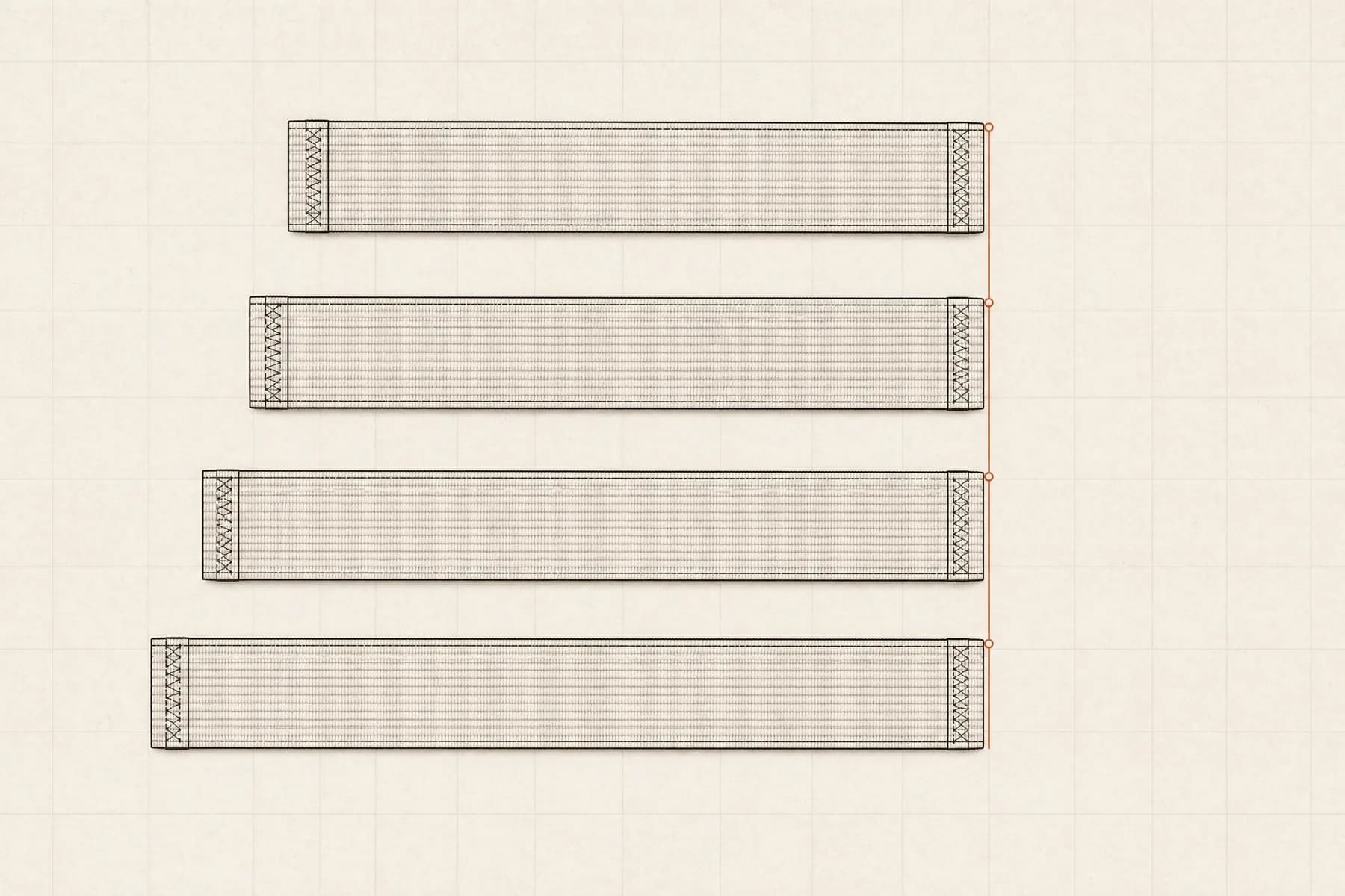 Four flat elastic band segments of different lengths stacked as a specimen ladder, with a line joining their end points.