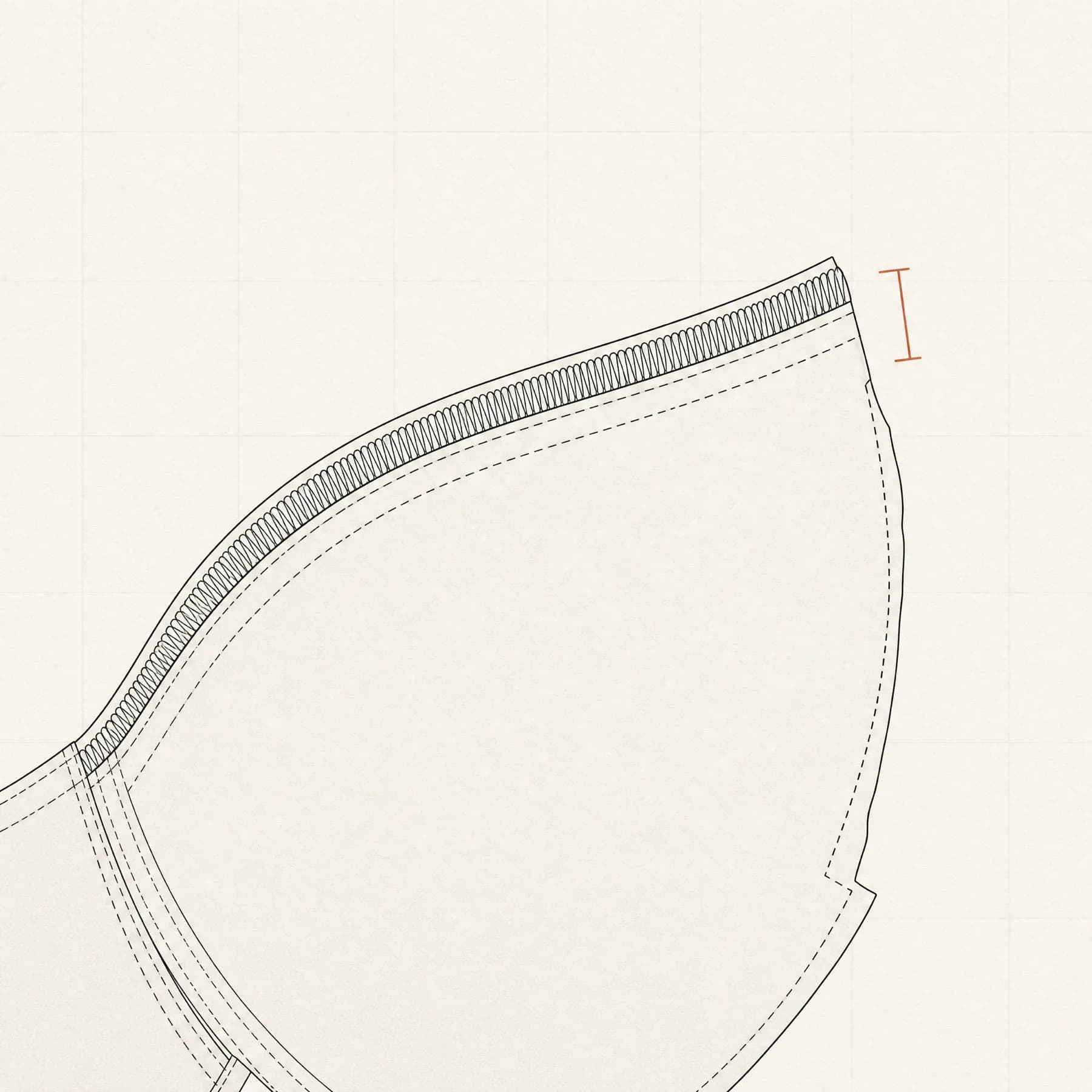 Technical detail of the upper edge of an empty cup, showing the elastic binding, the topstitch line and the seam allowance.