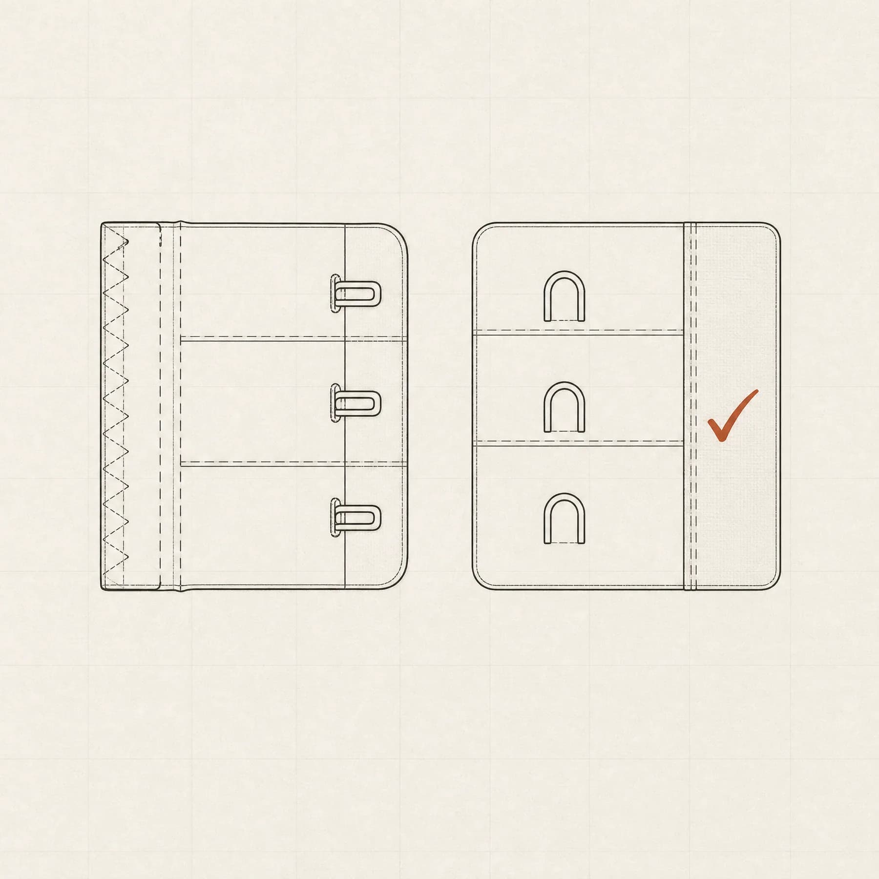 Technical detail of a three-row hook-and-eye closure lying flat and empty, with the tightest row marked.