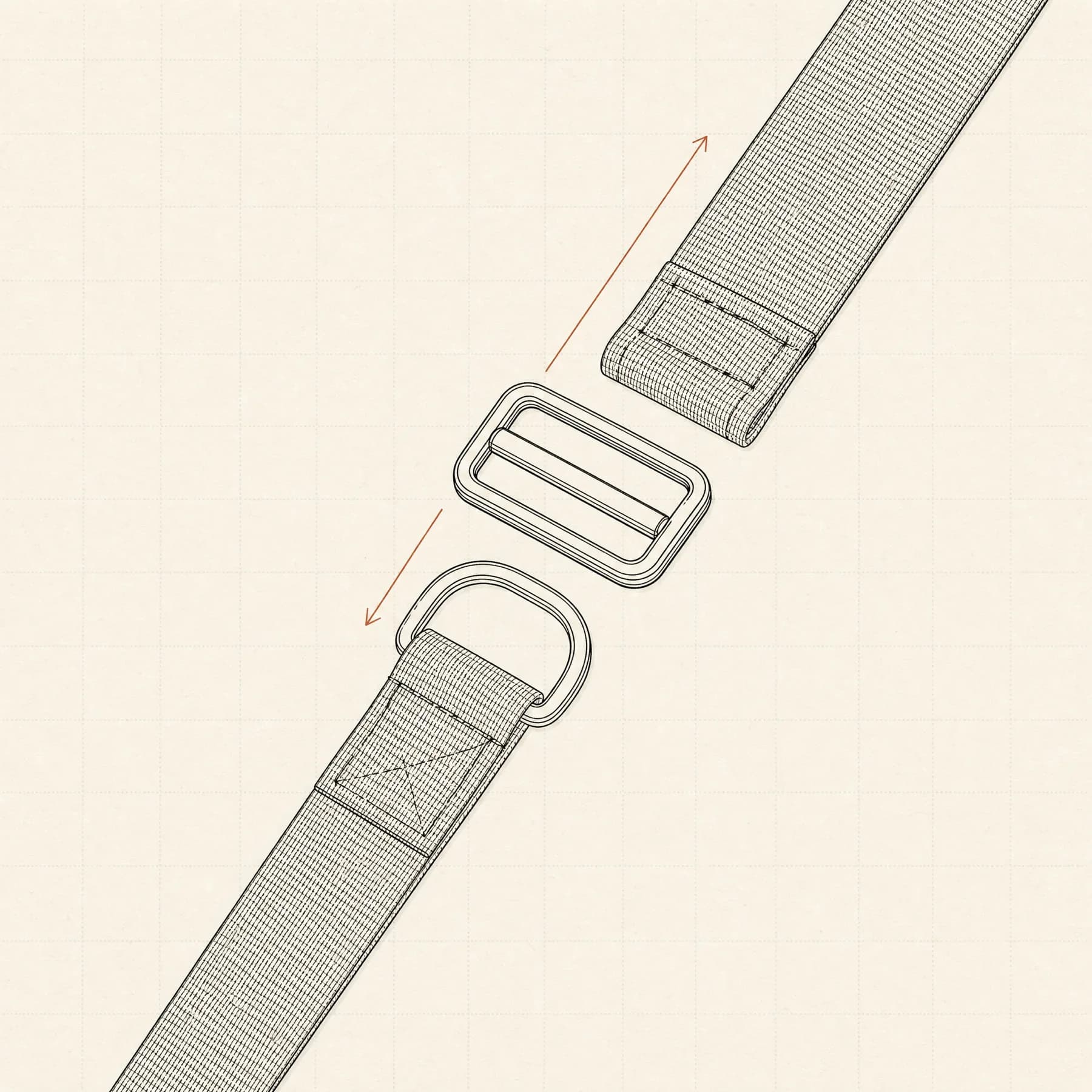 Exploded technical detail of one adjustable shoulder strap with its slider and ring, lying flat and empty.