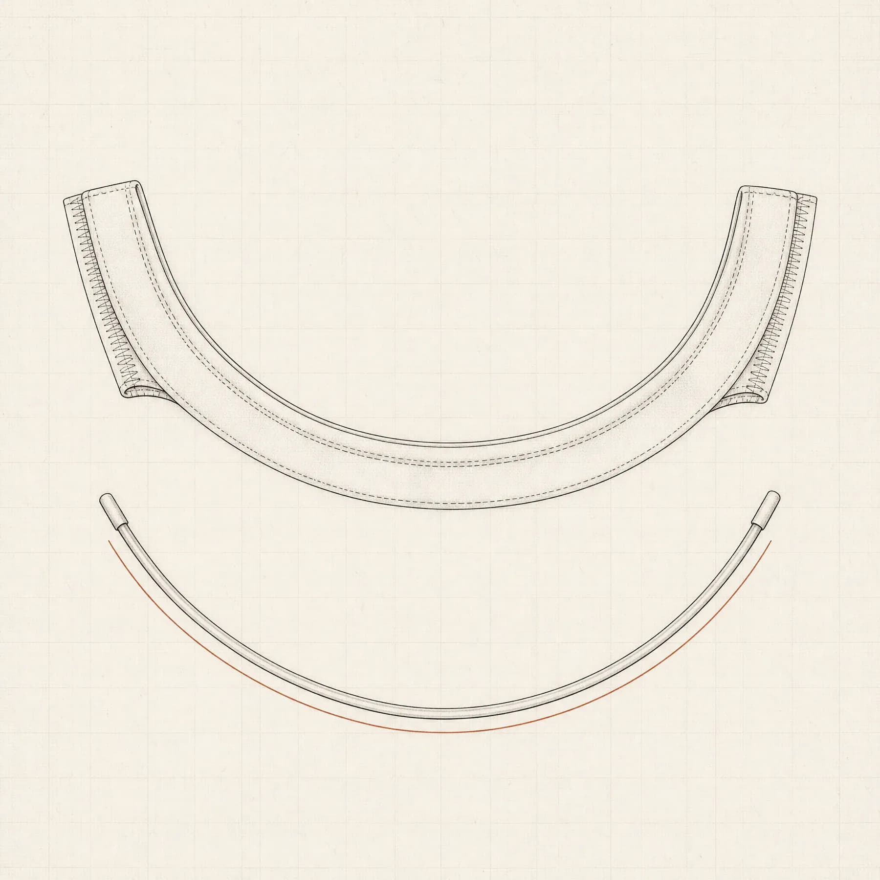 Technical detail of a single curved underwire drawn separately from its empty fabric channel.