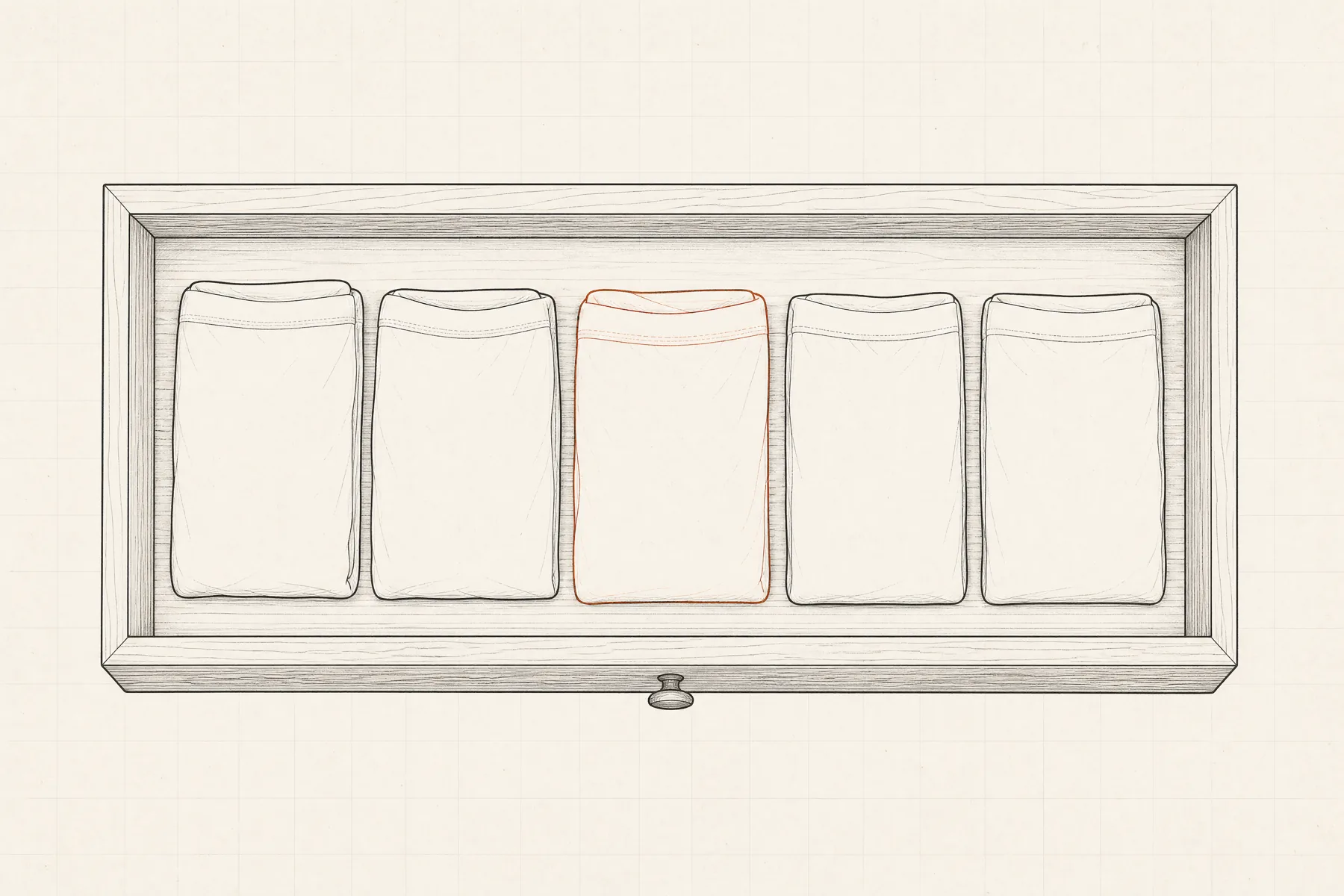 Looking straight down into an open shallow drawer holding five plain folded garments in a row, one of them outlined in a different colour.
