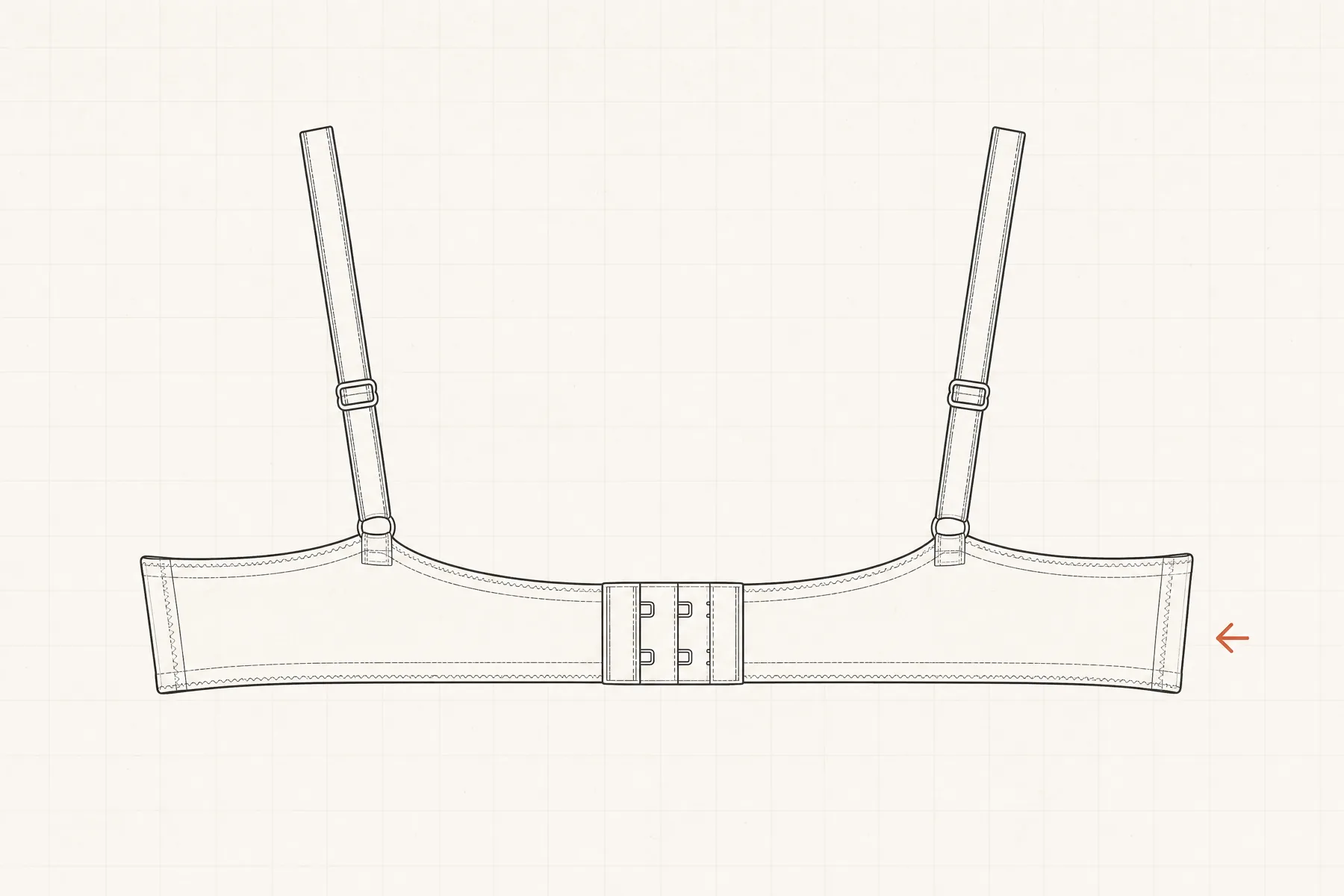 Technical flat drawing of a bra, back view, lying empty, with the elastic back band, the hook-and-eye closure and two strap sliders drawn in detail.