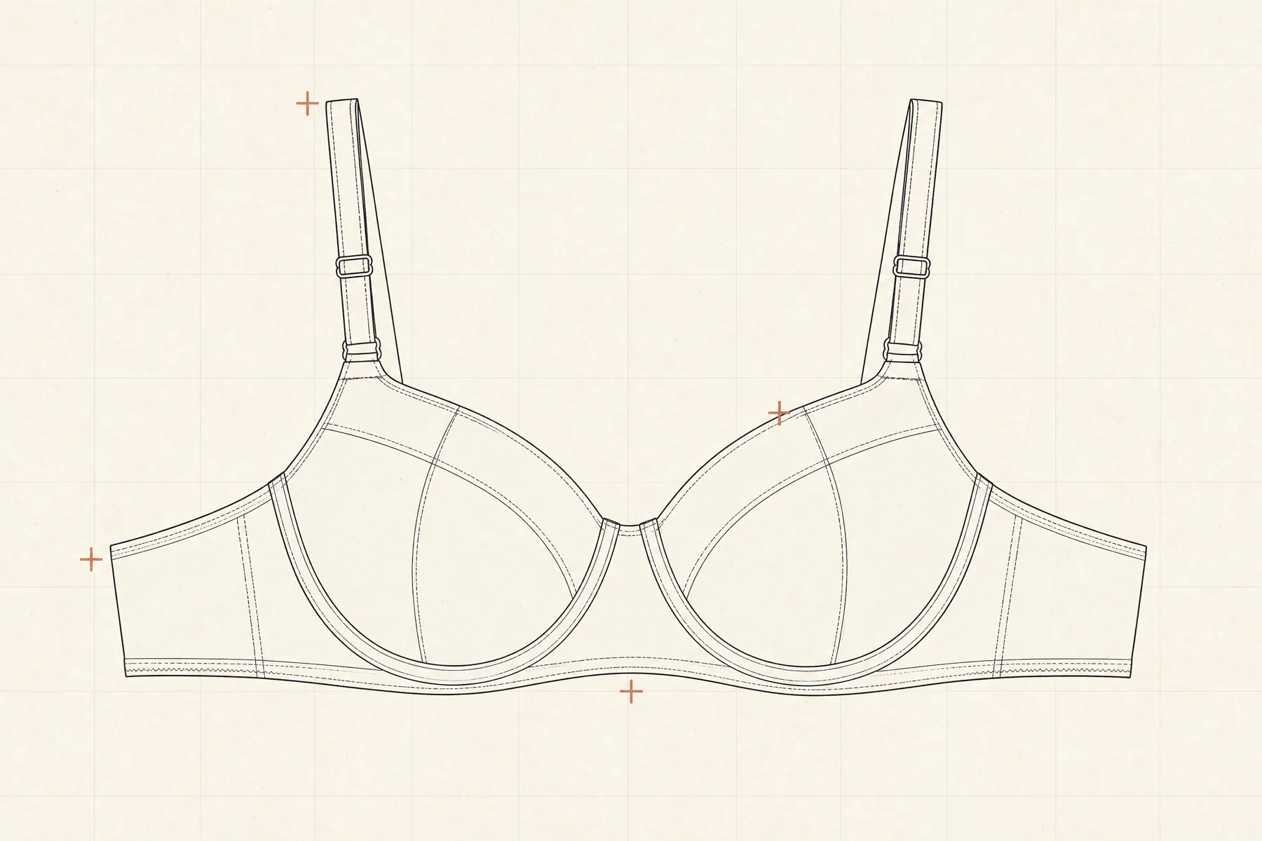 Technical flat drawing of a bra, front view, lying empty on paper with registration marks at the strap, the underband, the upper cup edge and the side wing.