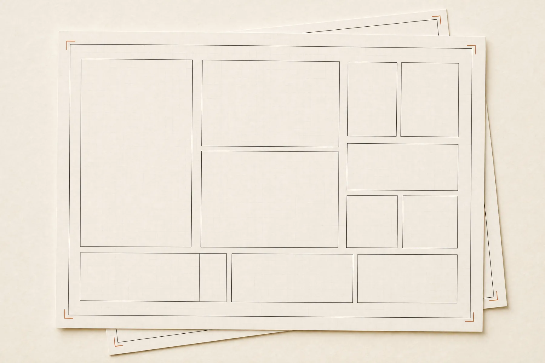 A sheet of card lying flat, ruled into empty framed boxes in the layout of a reference card, with a second sheet beneath it.
