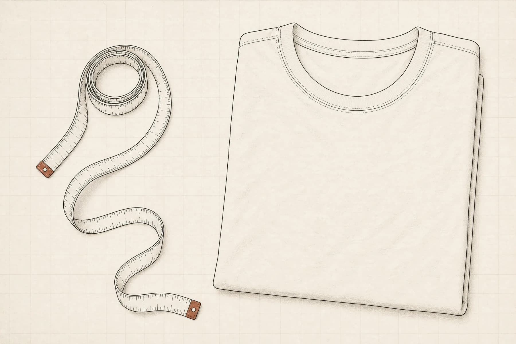A soft cloth tape measure loosely coiled and laid flat beside a single neatly folded plain garment, seen from directly above.