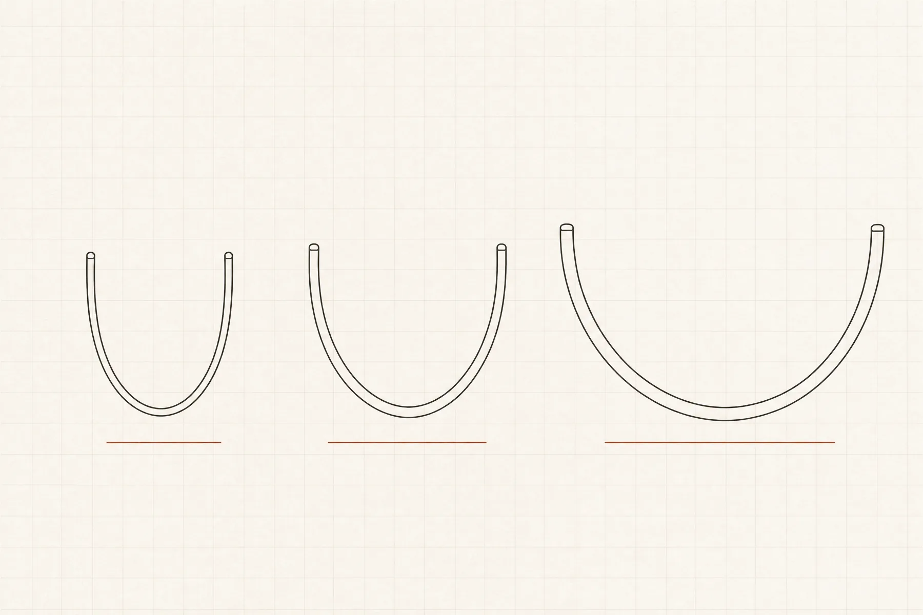 Three empty underwire arcs of different widths drawn side by side for comparison, each above a short baseline tick.